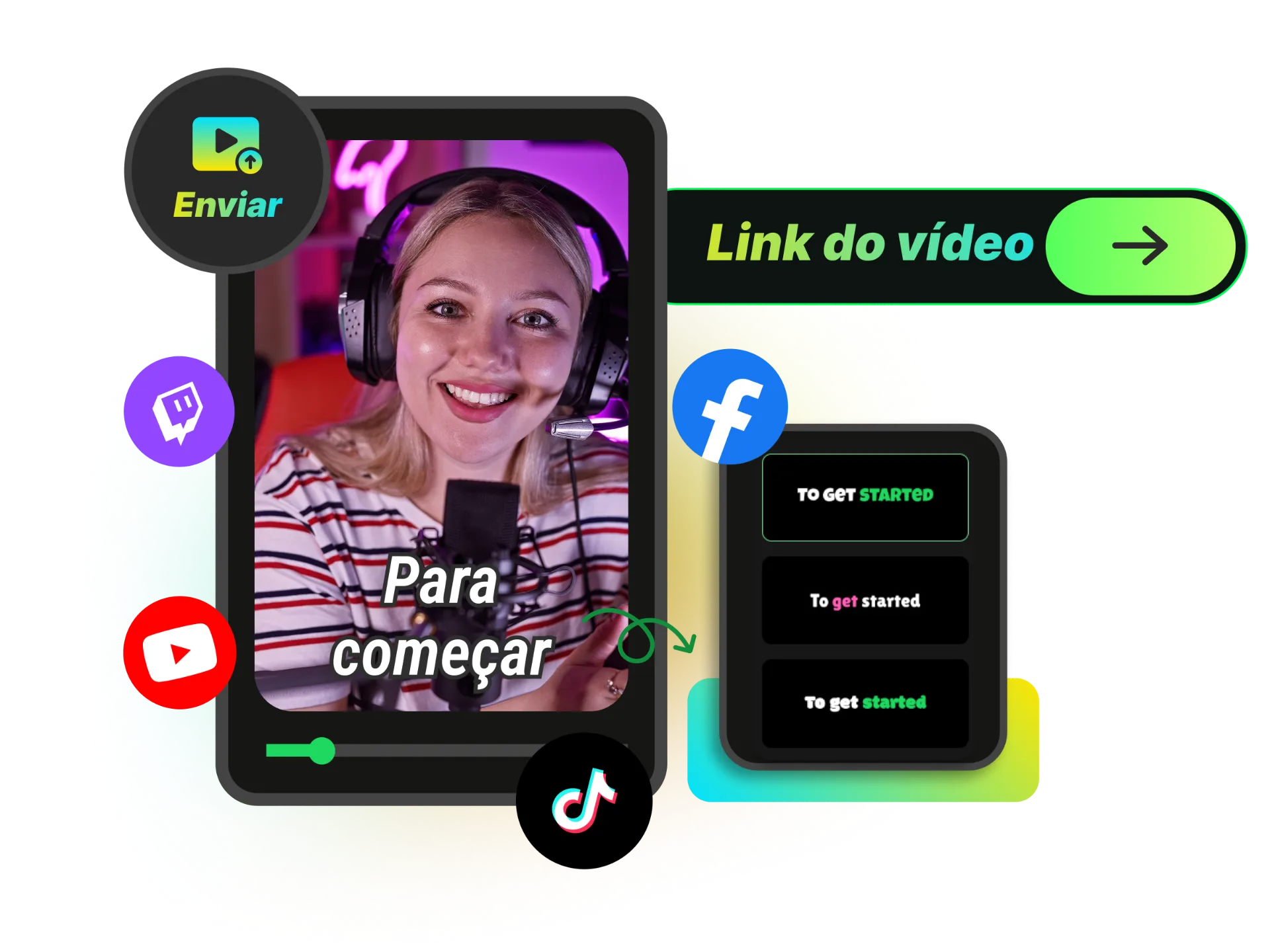 Uma imagem a mostrar um telemóvel com um vídeo de formato curto com legendas animadas e apelativas